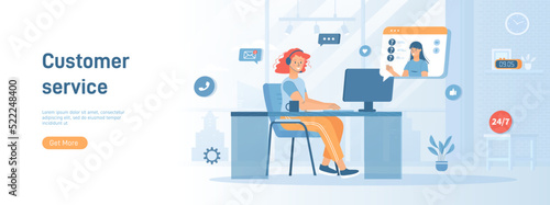 Customer service. Operator in headphones consult clients, answers the questions and solve problems. Flat cartoon vector illustration with people characters for banner, website design or landing page.