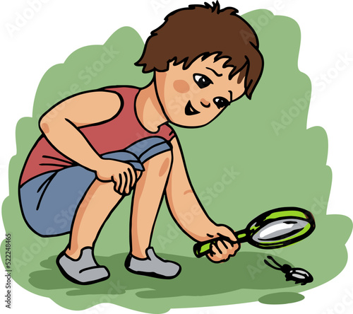 Cartoon inquisitive boy examines a beetle through a magnifying glass.