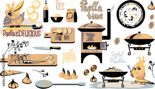 A set of katinok items for making rice dishes, also comic bird cooks. Can be a seamless ornament for wall decor or textiles.