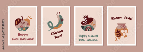 Jewish holiday Rosh Hashana, greeting card set in minimalistic style. Jewish traditional greetings. Pomegranate, apple , honey and flowers. Vector illustration