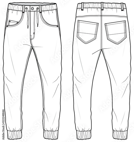 Chino Joggers Pant  Front and Back View. Fashion Illustration, Vector, CAD, Technical Drawing, Flat Drawing.