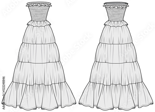Summer Beach Party Long Dress, Smocked Tube Body Tiered Maxi Dress Front and Back View fashion illustration vector, CAD, technical drawing, flat drawing.	