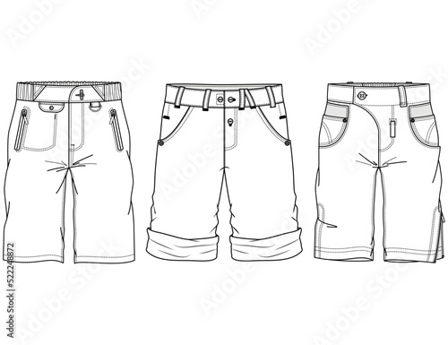 Men's Cargo Short, Denim Shorts, Back Elasticated Waist Short Set Fashion Illustration, Vector, CAD, Technical Drawing, Flat Drawing, Template, Mockup.	