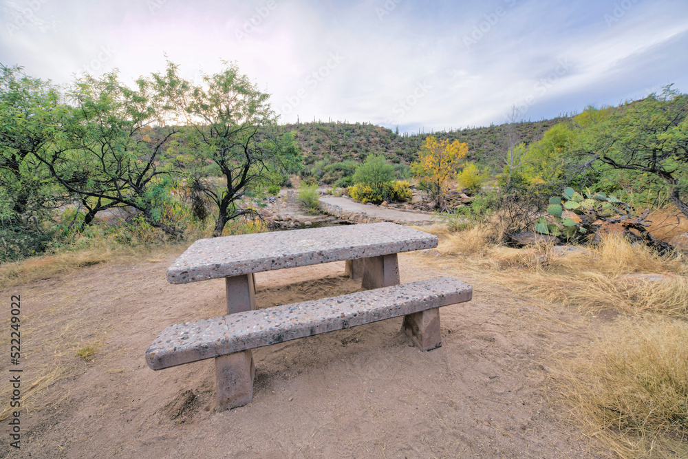 Concrete picnic table on a campground near the creek at Sabino Canyon State Park in Tucson, Arizona