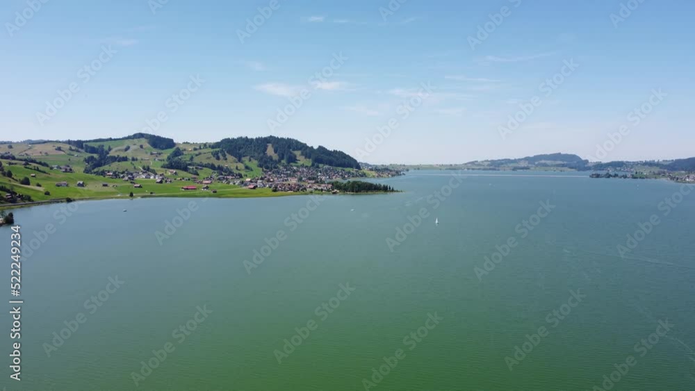 Village Gross next to lake Sihlsee from above
