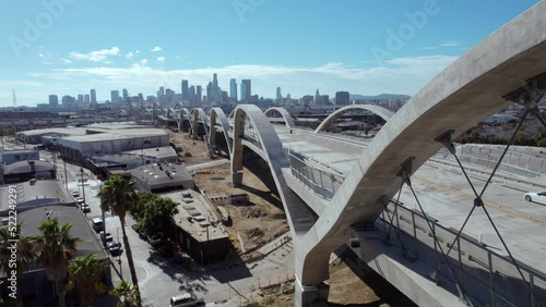 4K Aerial of the Sixth Street Viaduct bridge in Los Angeles, California, USA photo