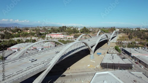 4K Aerial of the Sixth Street Viaduct bridge in Los Angeles, California, USA photo