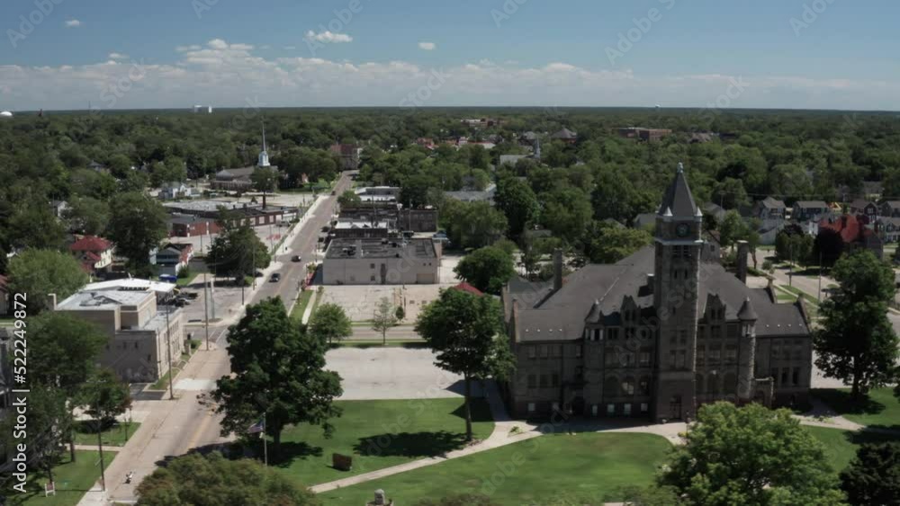 Hackley Administration building in Muskegon, Michigan with drone video moving sideways. Hackley Administration building in Muskegon, Michigan with drone video moving sideways.