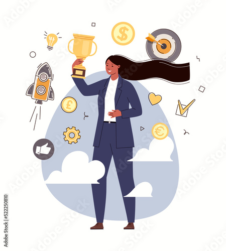 Winner. Businesswoman enjoys triumph, victory. Business Leadership. Goal achievement and success. Vector character flat cartoon illustration.