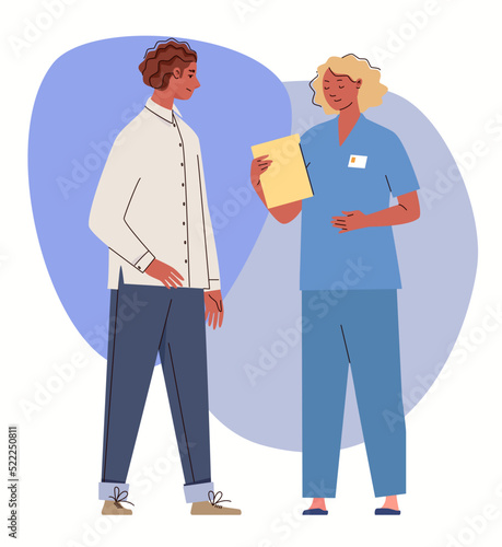 Young female doctor consults male patient during medical appointment. Healthcare concept. Vector characters flat cartoon illustration.
