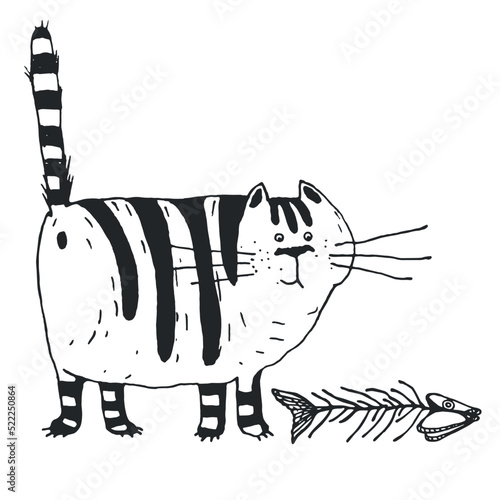 A fat tabby cat has a question in its eyes: are you offering me to eat this?. Funny cartoon character. emoji. Cat drawing. Coloring pages. For children's creativity, education and book illustration.