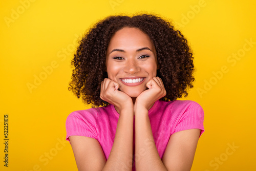 Photo of sweet brunette lady wear crop top isolated on vivid orange color background