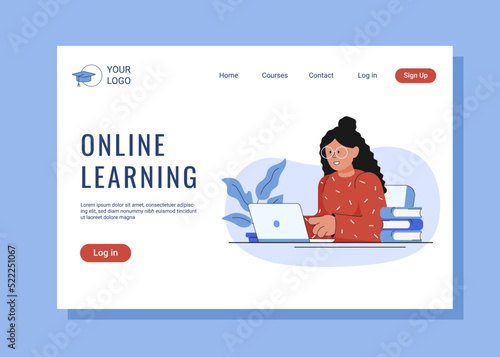 Illustration with a girl working at a laptop. Online education.