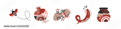 Rosh Hashana, Jewish holiday icons with abstract patterns. Apple, honey, pomegranate and flowers, New Year symbols and icon. Vector illustration