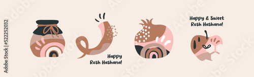 Rosh Hashana, Jewish holiday icons with abstract patterns. Apple, honey, pomegranate and flowers, New Year symbols and icon. Vector illustration