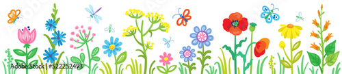 Beautiful flowers and butterflies on a summer meadow. In cartoon style. Children's drawing. Isolated on white background. Vector illustration