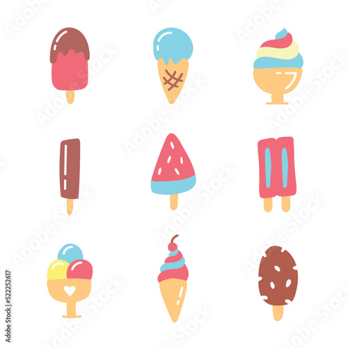 Big set of cute cartoon ice creams. Ice cream set of different shapes. Cute stickers, patches or pins collection. Tasty cute appetizing food collection. Simple modern design. Flat style vector illustr