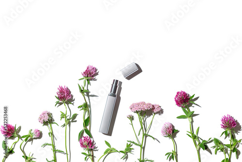 Perfume product, grey spray metal bottle and fragrant wildflowers around, isolated on white background, Top view aromatic spray with natural ingredients. Flat lay at sunlight, shadows, copyspace photo