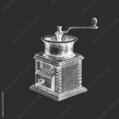 Coffee grinder, vintage drawing in engraving style