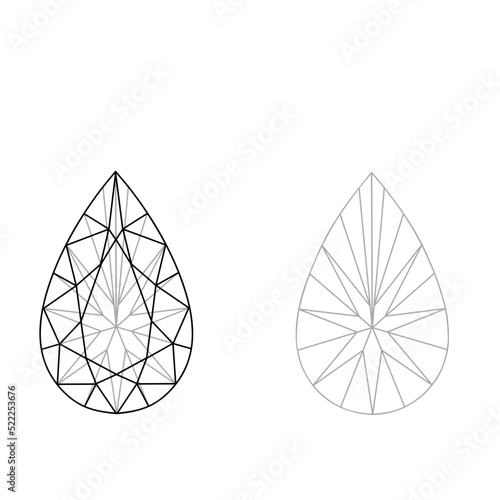 Pear shaped diamond cut shape and design diagrams vector illustration, isolated on white background. Diamond line drawing on white background EPS format