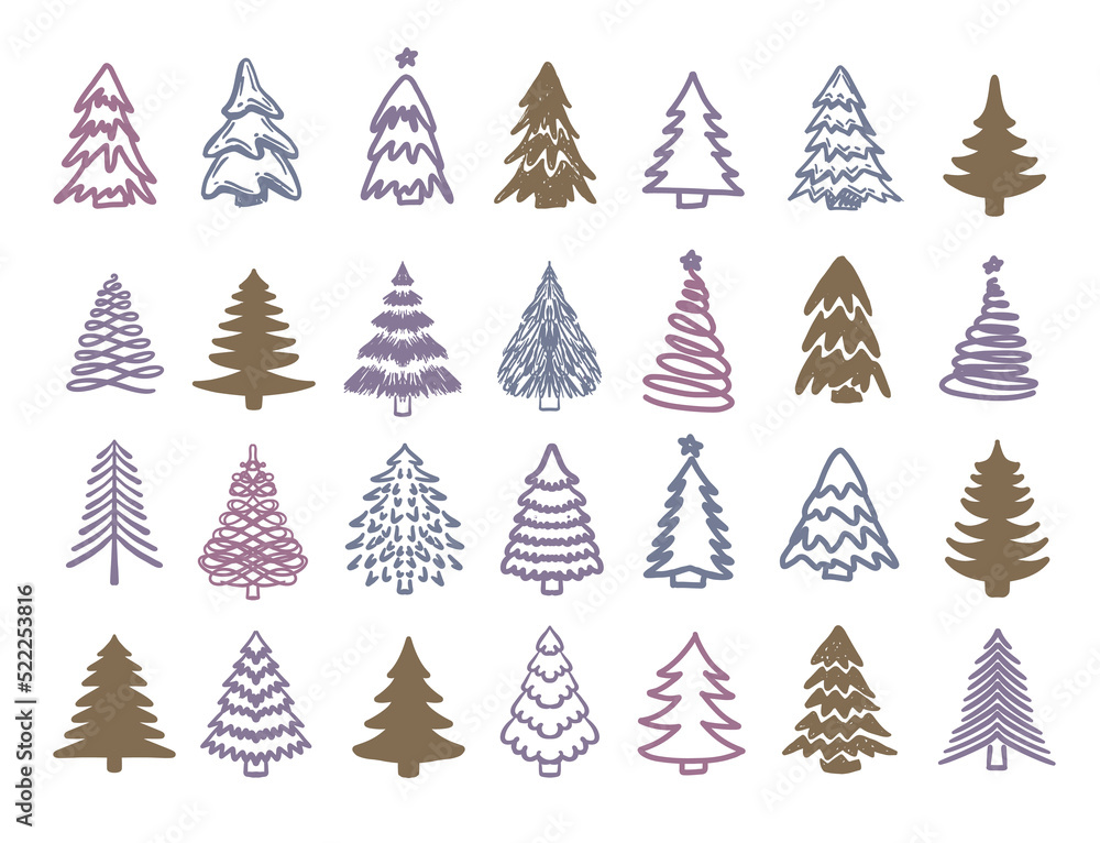 Obraz premium Christmas tree set, Hand drawn illustrations. 