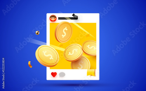 Social media photo frame with money explosion. Monetization concept.