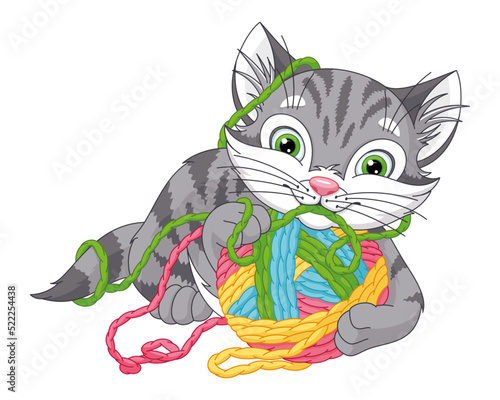 Gray kitten playing with a ball of yarn cartoon vector illustration
