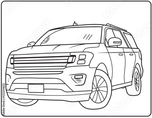 Sport car 4x4 realistic sketch. Vector illustration in black and white. Coloring paper, page, book.