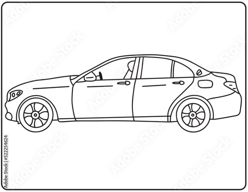 Sport car realistic sketch. Vector illustration in black and white. Coloring paper, page, book.