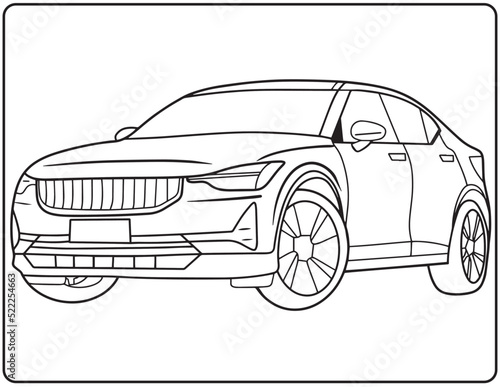Sport car realistic sketch. Vector illustration in black and white. Coloring paper, page, book.
