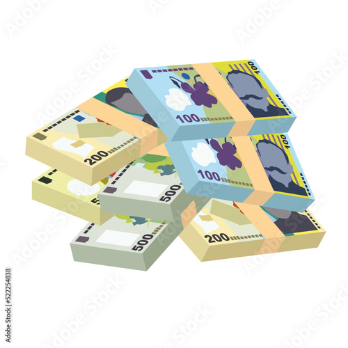 Romanian Leu Vector Illustration. Romania money set bundle banknotes. Paper money 50, 100, 200, 500 RON. Flat style. Isolated on white background. Simple minimal design.
