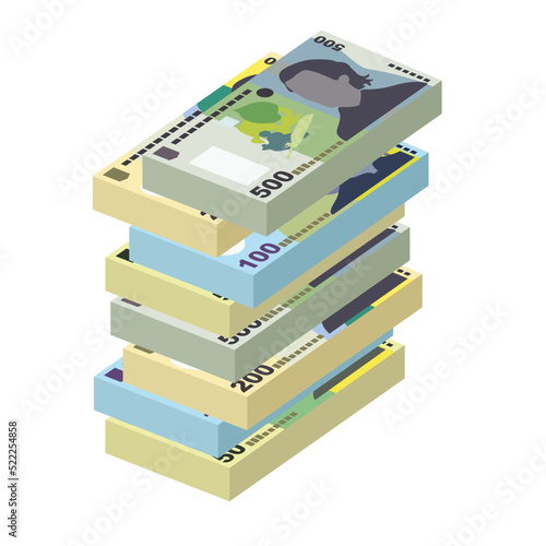 Romanian Leu Vector Illustration. Romania money set bundle banknotes. Paper money 50, 100, 200, 500 RON. Flat style. Isolated on white background. Simple minimal design.
