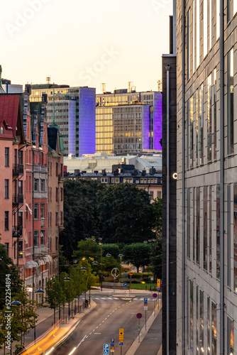 Stockholm, Sweden Aug 9, 2022 A view of the blue Hotorget buildings over Torsgatan.