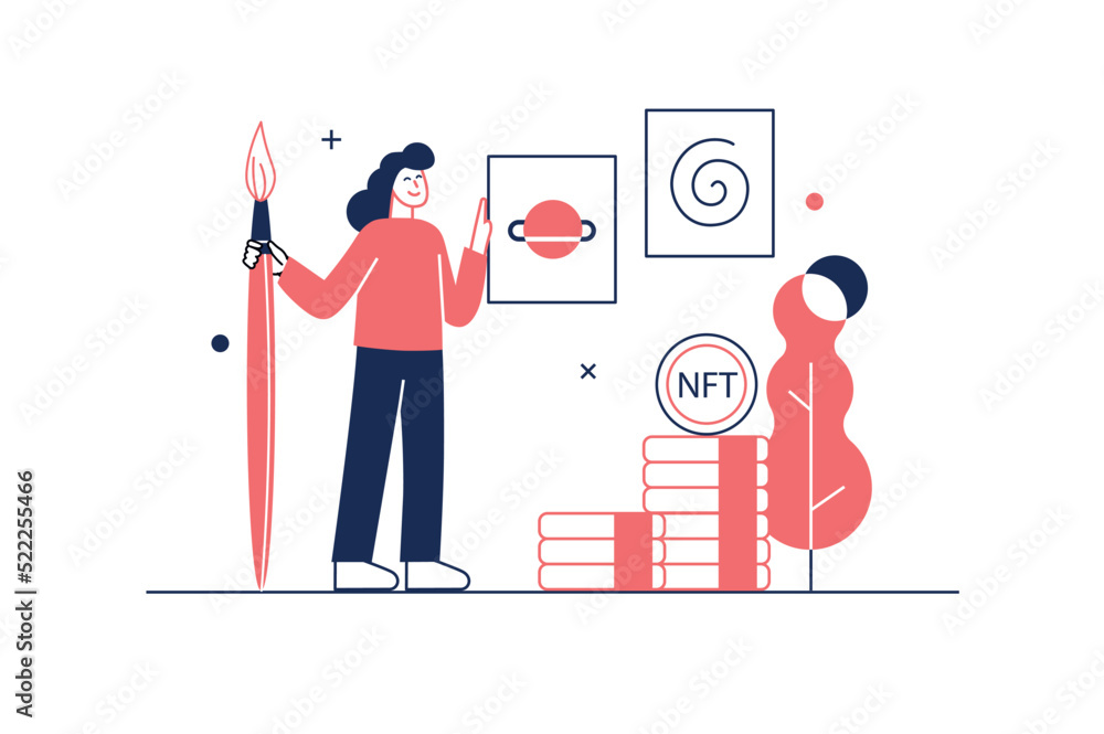 NFT token concept in flat line design with people scene. Woman creates unique digital artworks and sells it on online auction site, earning cryptocurrency at marketplaces. Vector illustration for web