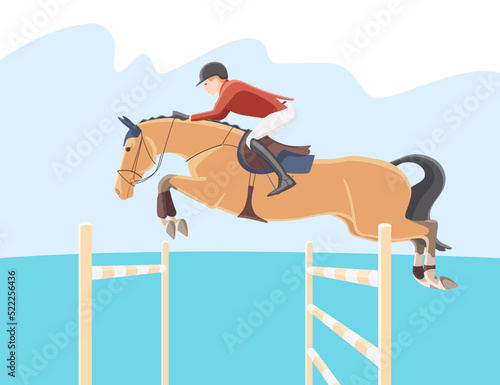 Equestrian sports, show jumping. A rider and a horse overcome obstacles against the background of the sky and the sea