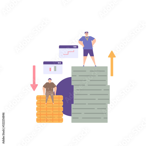 metaphor of legal inequality, income disparity, rich and poor, injustice. poor people sitting on coins and rich people standing happy on piles of money. economy and law. flat cartoon illustrations