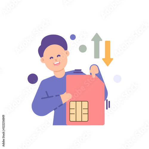 a metaphor for replacing or upgrading a sim card. a man holding a sim card. network and internet. flat cartoon illustration. vector concept design.