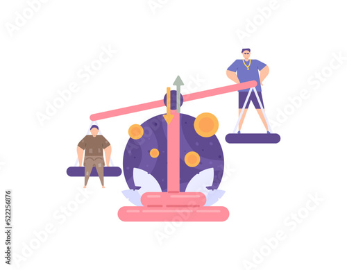 metaphor of legal inequality, income disparity, rich and poor, injustice. the poor and the rich were weighed using a scale. economy and law. flat cartoon illustrations. concept vector design