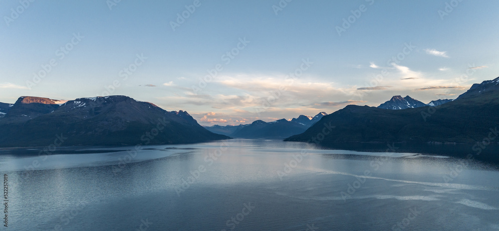 Aerial view of Lyngen fjord in summer evening in Norway