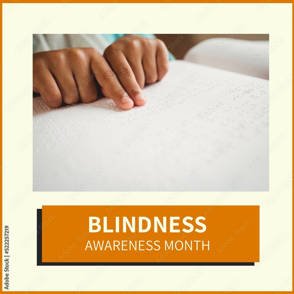 Fototapeta premium Composition of blindness awareness month text over hands reading braille