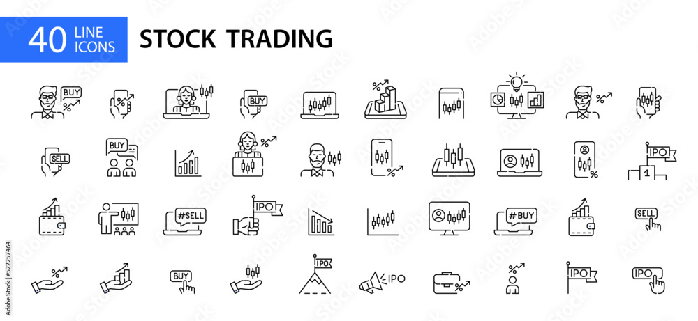 Stock trading and investing icons. Broker app interface, financial advisor, IPO and candlestick charts. Pixel perfect, editable stroke line icons
