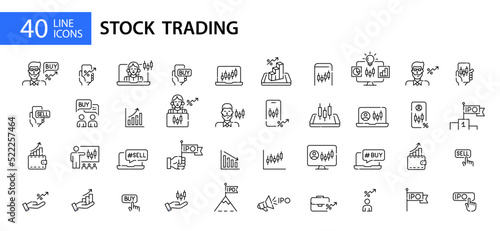 Stock trading and investing icons. Broker app interface, financial advisor, IPO and candlestick charts. Pixel perfect, editable stroke line icons