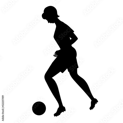 Silhouette profile of a sporty beautiful woman playing soccer. Girl running for the kicking ball. Black color image art silhouette contour isolated on white background. Vector illustration.