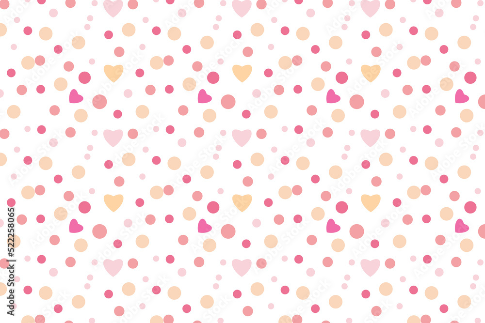 Endless dot pattern background with cute love shapes. Seamless beautiful pattern decoration with different dot shapes on a white background. Cute abstract pattern for wrapping paper and bed sheets.