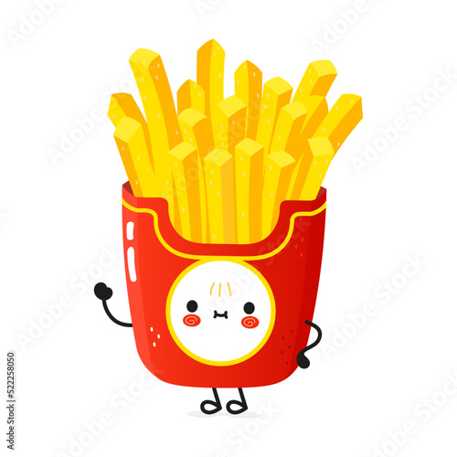 Cute funny french fries waving hand character. Vector hand drawn cartoon kawaii character illustration icon. Isolated on white background. French fries character concept
