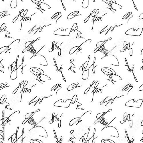 Seamless pattern signature. Repeated hand drawn autograph. Black scrawl signature on white background. Handwritten name. Repeat handwriting scribbles pen. Repeating written sketch. Vector illustration