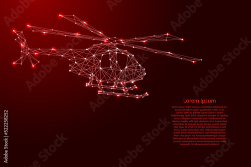Helicopter flying, from futuristic polygonal red lines and glowing stars for banner, poster, greeting card. Vector illustration.