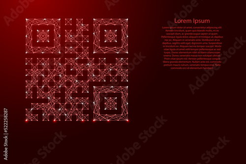 QR code arbitrary, icon from futuristic polygonal red lines and glowing stars for banner, poster, greeting card. Vector illustration.