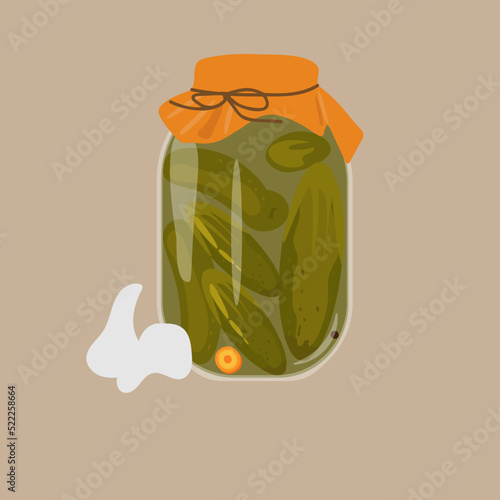 Cottage salted cucumbers in the bottle isolated on grey background. Cartoon vector illustration.
