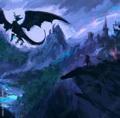 Mystic dark fantasy medieval castle with dragons flying in the sky, rocky landscape. Fantastic world digital art painting. Large resolution poster or canvas print with oil painting realistic imitation